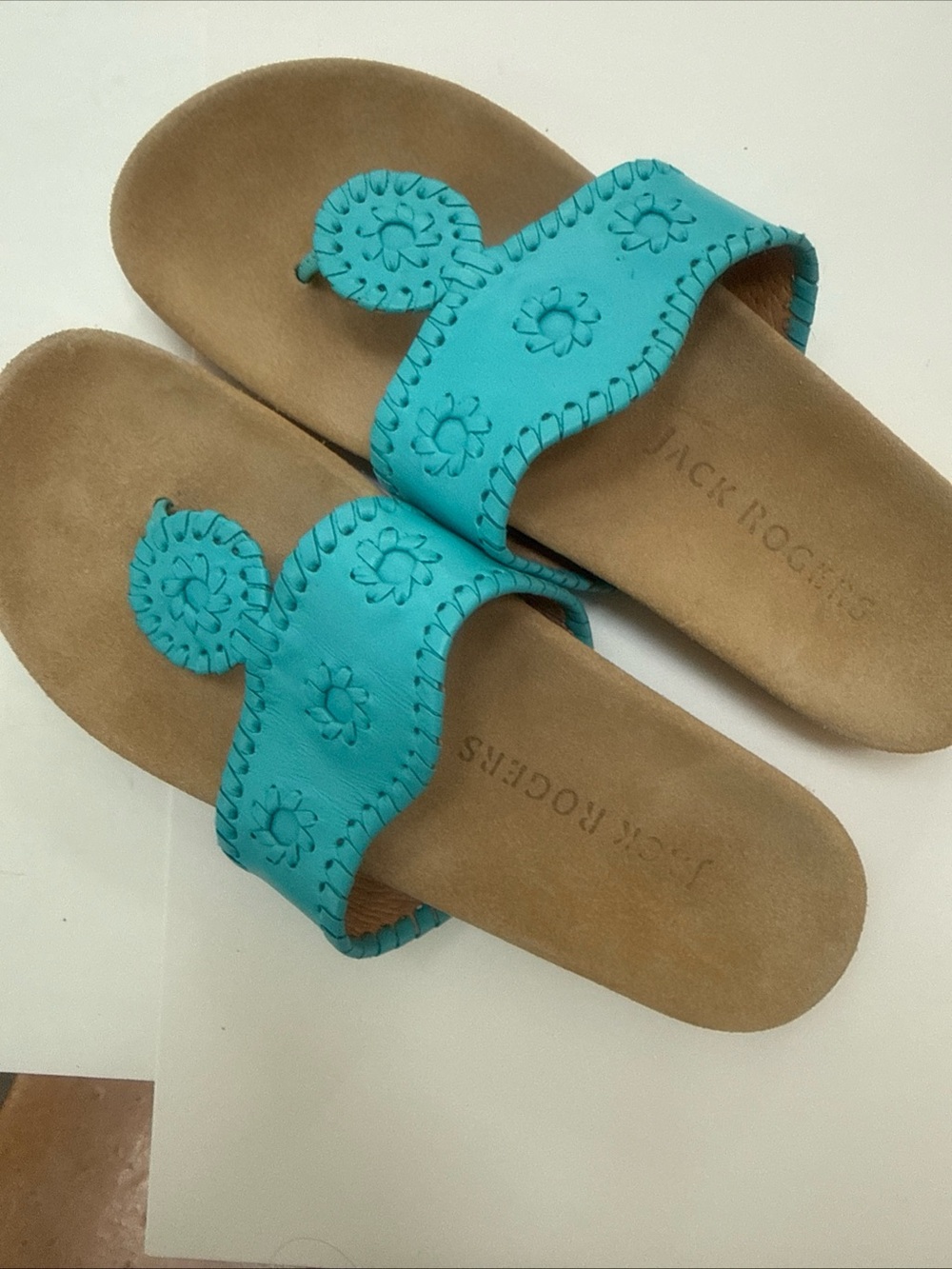 Jack Rogers Turquoise Whipstitch Slide Sandals 7-1/2 7.5